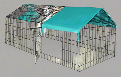 88" Dog Kennel with Green Cover – Side View

Rabbit & Chicken Cage Enclosure – Front Angle

Outdoor Animal Enclosure with Cover – Set Up in Yard

Pet Containment Cage – Metal Frame Close-up
