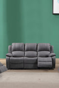 3-piece recliner set – Nubuck air leather in black

Reclining loveseat and chair with padded arms

Reclining living room furniture set – gray

Close-up of faux leather texture on modern recliner

Full living room setup featuring 3 recliner pieces