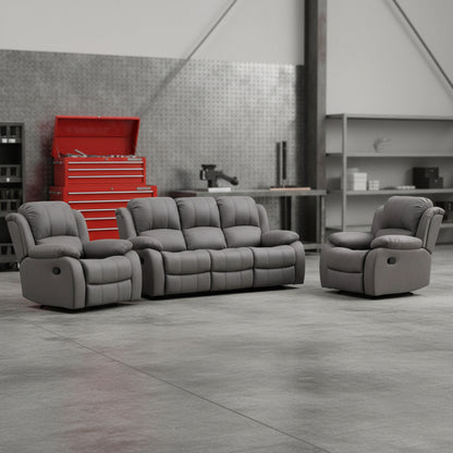 3-piece recliner set – Nubuck air leather in black

Reclining loveseat and chair with padded arms

Reclining living room furniture set – gray

Close-up of faux leather texture on modern recliner

Full living room setup featuring 3 recliner pieces