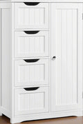 Gray 4-drawer floor cabinet with adjustable shelf
White MDF bathroom storage cabinet
Side view of modern drawer cabinet
Floor cabinet with 4 drawers and 1 door
Compact utility cabinet for kitchen or bath