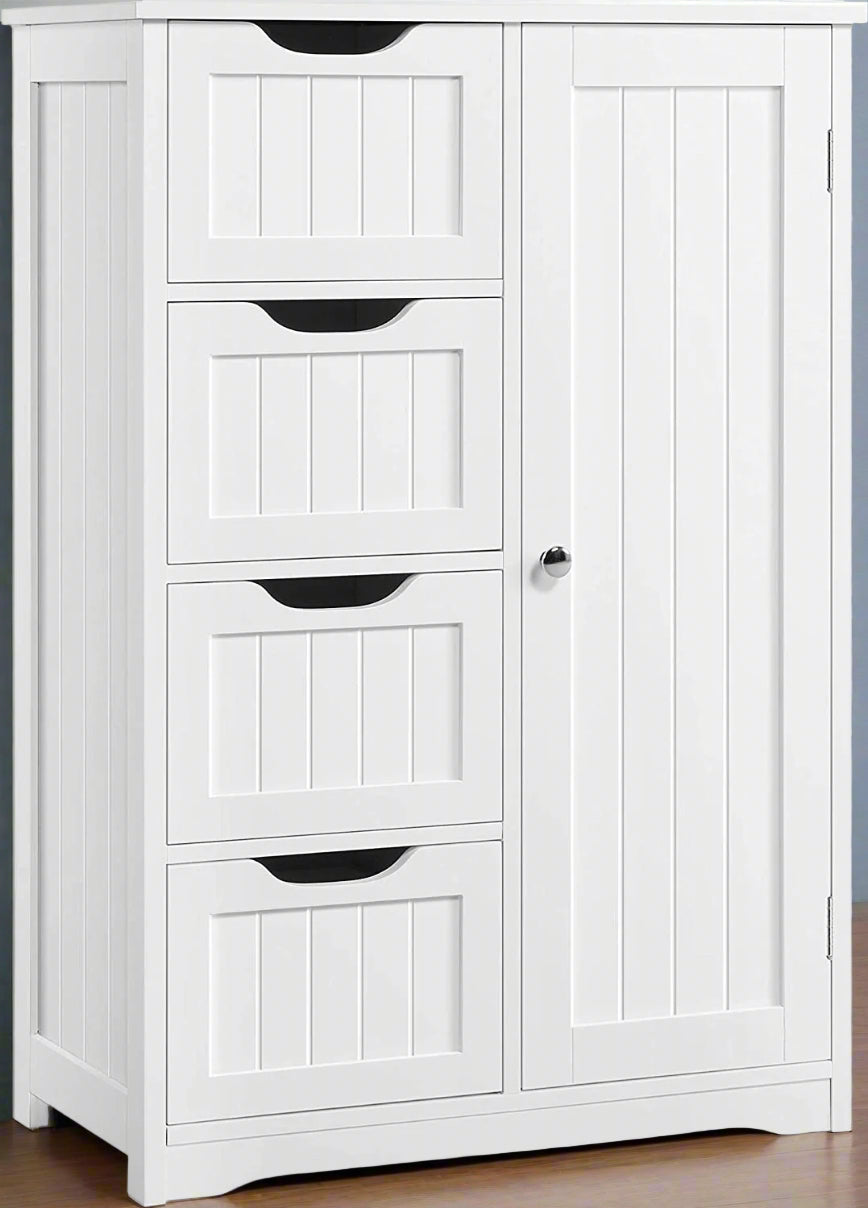 Gray 4-drawer floor cabinet with adjustable shelf
White MDF bathroom storage cabinet
Side view of modern drawer cabinet
Floor cabinet with 4 drawers and 1 door
Compact utility cabinet for kitchen or bath