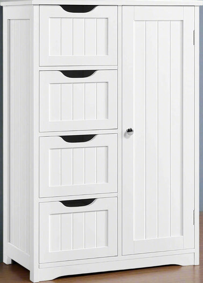 Gray 4-drawer floor cabinet with adjustable shelf
White MDF bathroom storage cabinet
Side view of modern drawer cabinet
Floor cabinet with 4 drawers and 1 door
Compact utility cabinet for kitchen or bath