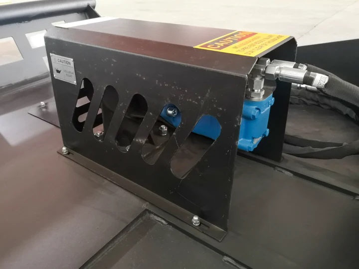 72 inch skid steer brush mower angled view

Underside of heavy-duty cutting blades

66 inch mower installed on skid steer

Skid steer clearing brush and saplings

Blade set and replacement part display