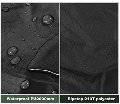 Camping tarp with aluminum stakes and wind ropes laid out
4-in-1 waterproof tarp in use as rain shelter in forest
Black tarp covering picnic area in outdoor campsite
Folded tarp in carry bag with accessories shown separately