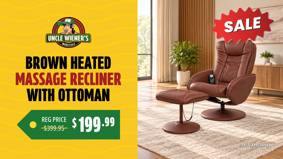 Brown faux leather swivel massage recliner with remote and matching ottoman in a bright living room, with a red Sale badge