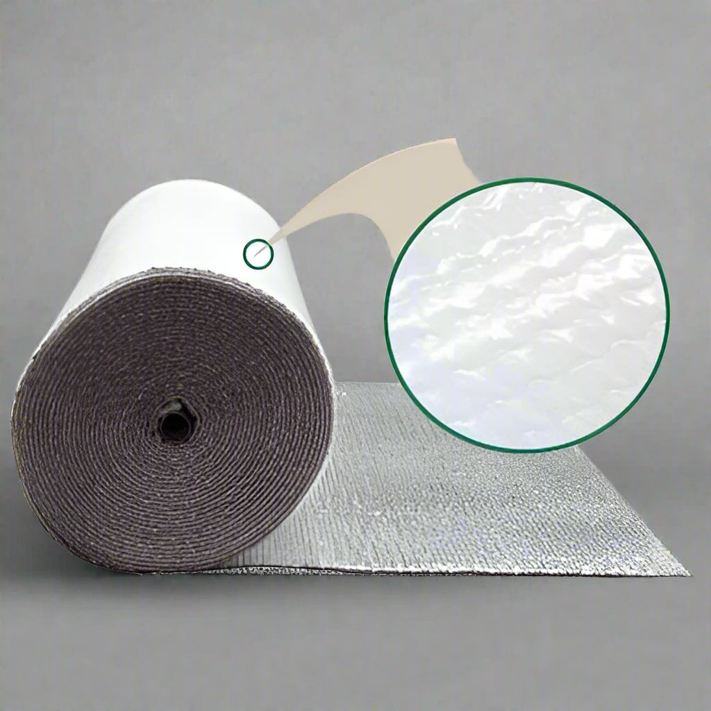 Roll of Reflective Foil Bubble Insulation – 4 FT x 25 FT

Close-up of Bubble Film Core Laminated with Foil Layers

Cross-Section of Reflective Insulation Showing 2-Layer Foil

Foil Bubble Roll Partially Unrolled for Indoor Gardening