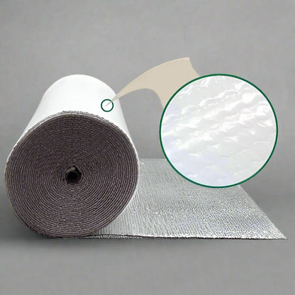 Roll of Reflective Foil Bubble Insulation – 4 FT x 25 FT

Close-up of Bubble Film Core Laminated with Foil Layers

Cross-Section of Reflective Insulation Showing 2-Layer Foil

Foil Bubble Roll Partially Unrolled for Indoor Gardening