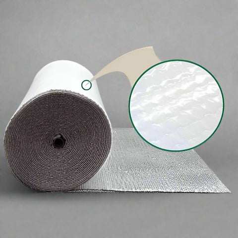 Roll of Reflective Foil Bubble Insulation – 4 FT x 25 FT

Close-up of Bubble Film Core Laminated with Foil Layers

Cross-Section of Reflective Insulation Showing 2-Layer Foil

Foil Bubble Roll Partially Unrolled for Indoor Gardening