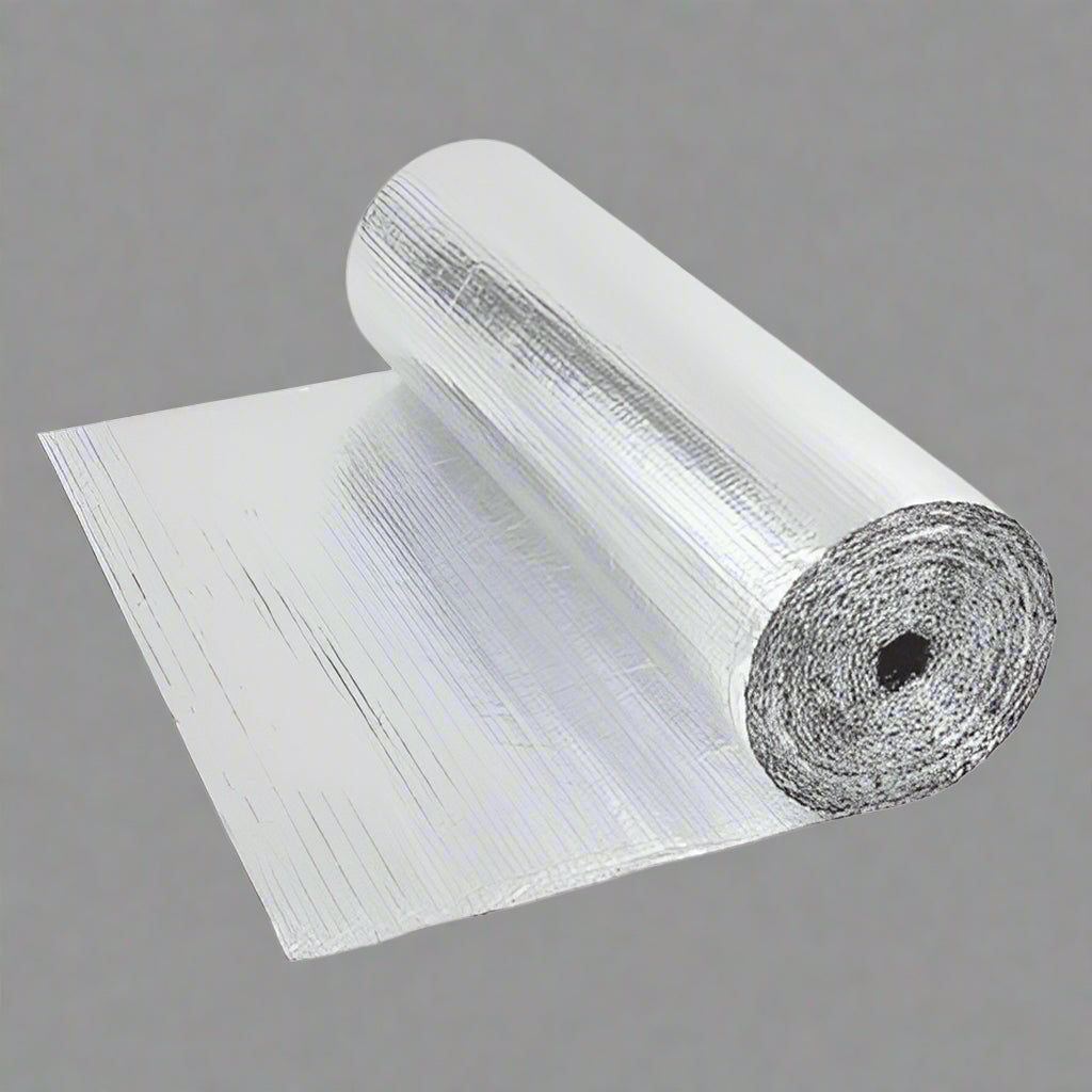 Roll of Reflective Foil Bubble Insulation – 4 FT x 25 FT

Close-up of Bubble Film Core Laminated with Foil Layers

Cross-Section of Reflective Insulation Showing 2-Layer Foil

Foil Bubble Roll Partially Unrolled for Indoor Gardening