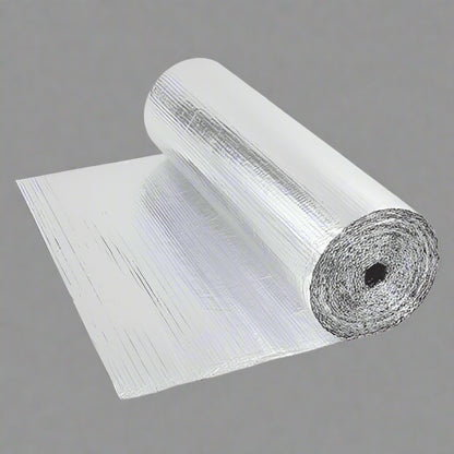Roll of Reflective Foil Bubble Insulation – 4 FT x 25 FT

Close-up of Bubble Film Core Laminated with Foil Layers

Cross-Section of Reflective Insulation Showing 2-Layer Foil

Foil Bubble Roll Partially Unrolled for Indoor Gardening