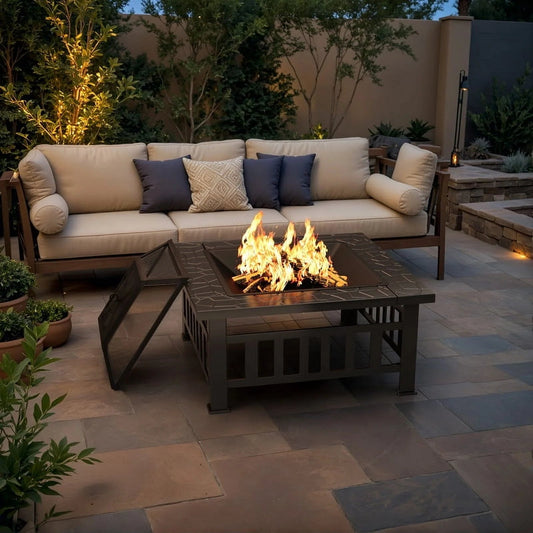 4 - in - 1 Outdoor Fire Pit Table – 32" × 32" Steel Patio Heater, BBQ Grill & Dining Table – AMFIP81 - with | Sold by Uncle Wiener's Wholesale