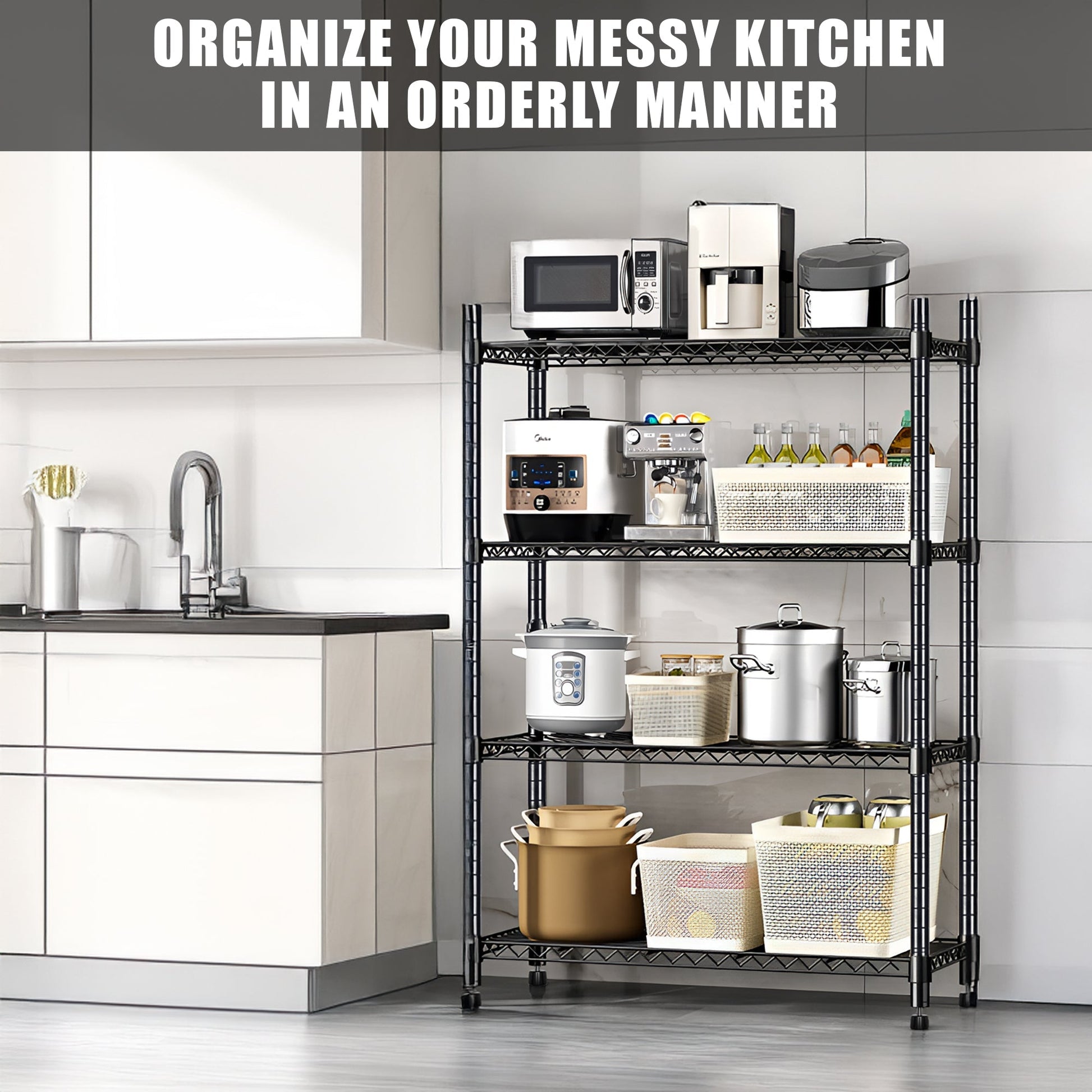 4 - Layer Black Wire Storage Rack – Durable Steel Organizer for Home, Garage, or Office | SKU: AMHWS1393 - with | Sold by Uncle Wiener's Wholesale