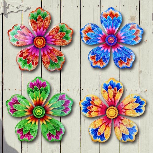 4-Pack Colourful Metal Flower Wall Decor 6.2" with Powder-Coated Finish for Garden, Fence, Patio & Home Decor ONWD1214 - with | Sold by Uncle Wiener's Wholesale