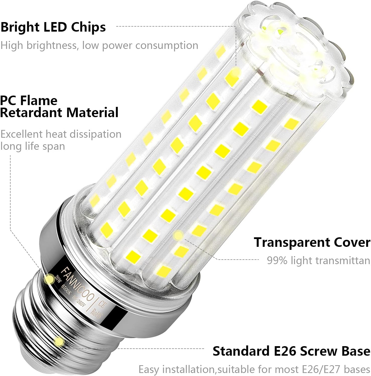 4 - Pack LED Corn Light Bulbs – 20W (150W Equivalent) 2500 Lumen 6500K Cool Daylight E26/E27 Base Non - Dimmable – CL0204C - with | Sold by Uncle Wiener's Wholesale