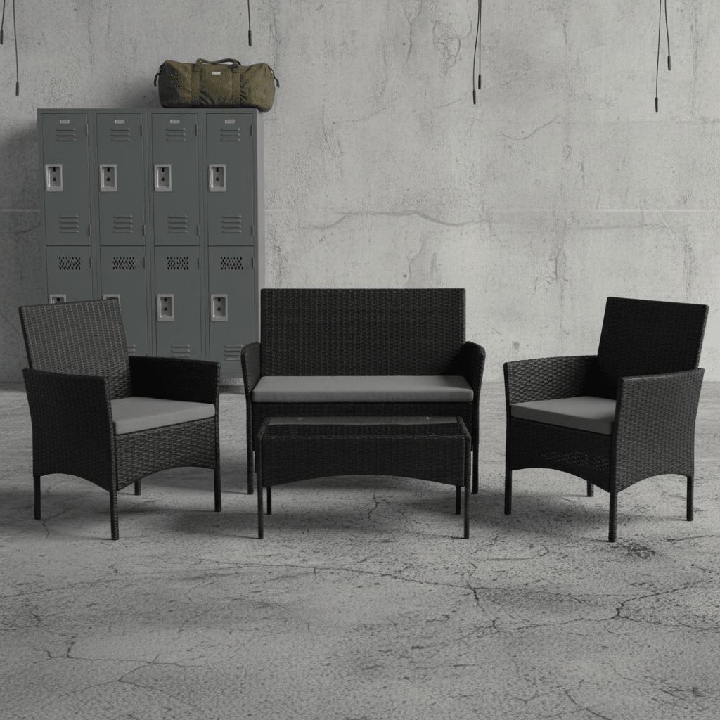 4 PCS Outdoor Furniture Set: PE Rattan Patio Seating with Tempered Glass Table and Cushions - Furniture with Gray | Sold by Uncle Wiener's Wholesale