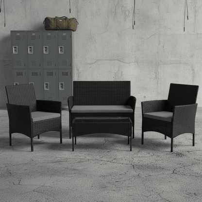 4 PCS Outdoor Furniture Set: PE Rattan Patio Seating with Tempered Glass Table and Cushions - Furniture with Gray | Sold by Uncle Wiener's Wholesale