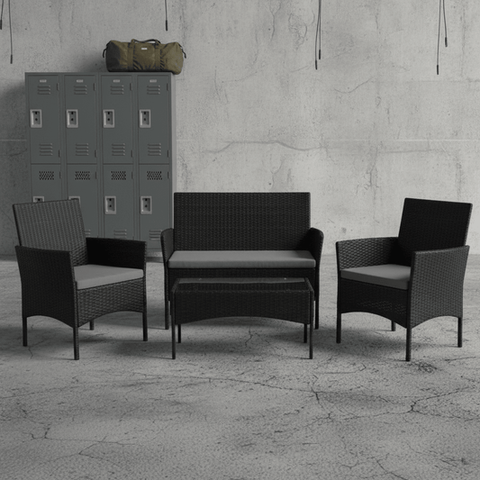 4 PCS Outdoor Furniture Set: PE Rattan Patio Seating with Tempered Glass Table and Cushions - Furniture with Gray | Sold by Uncle Wiener's Wholesale