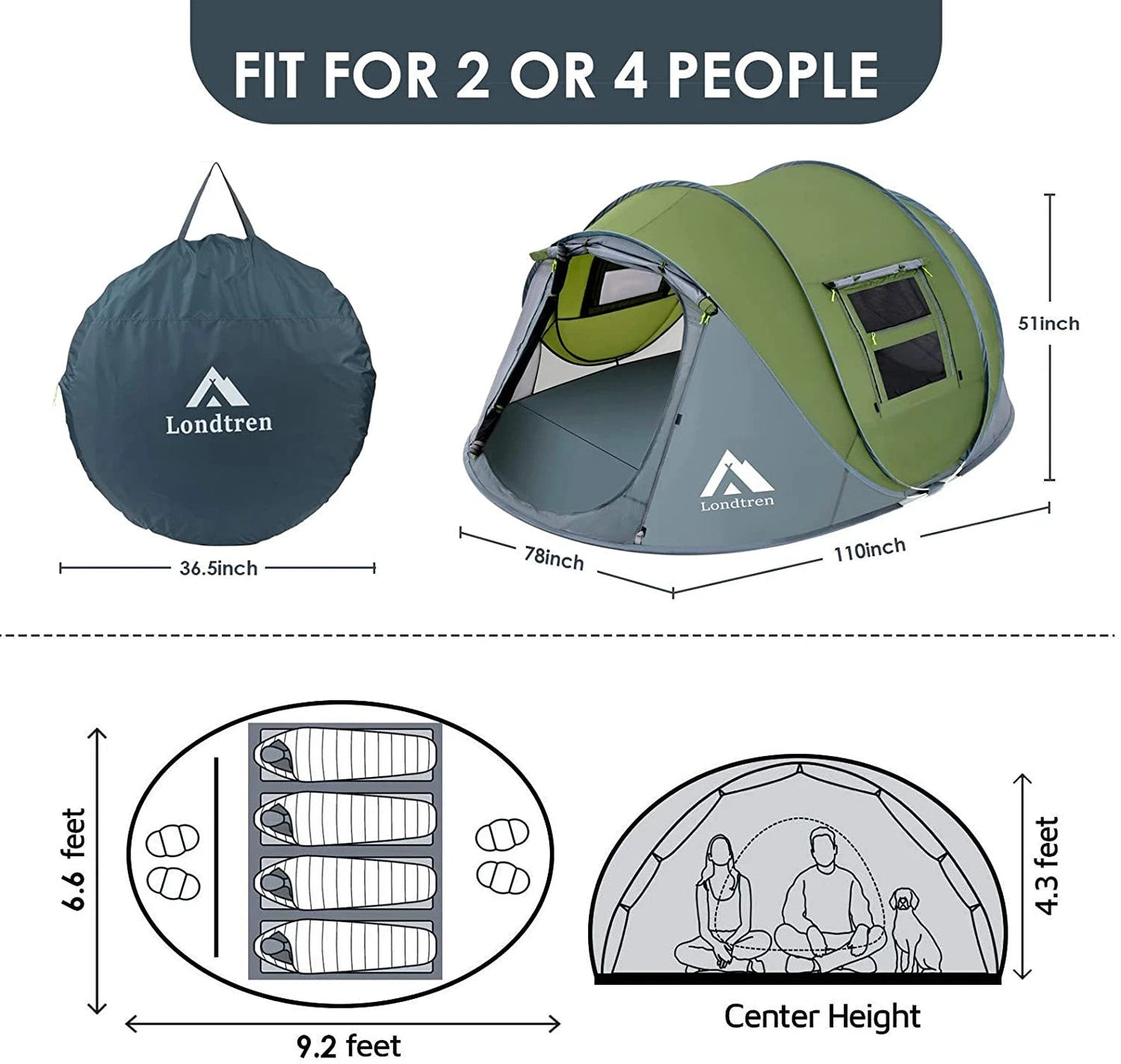 4 - Person Instant Pop - Up Camping Tent, Waterproof Polyester Dome Tent with Mesh Windows – PT4280 - with | Sold by Uncle Wiener's Wholesale