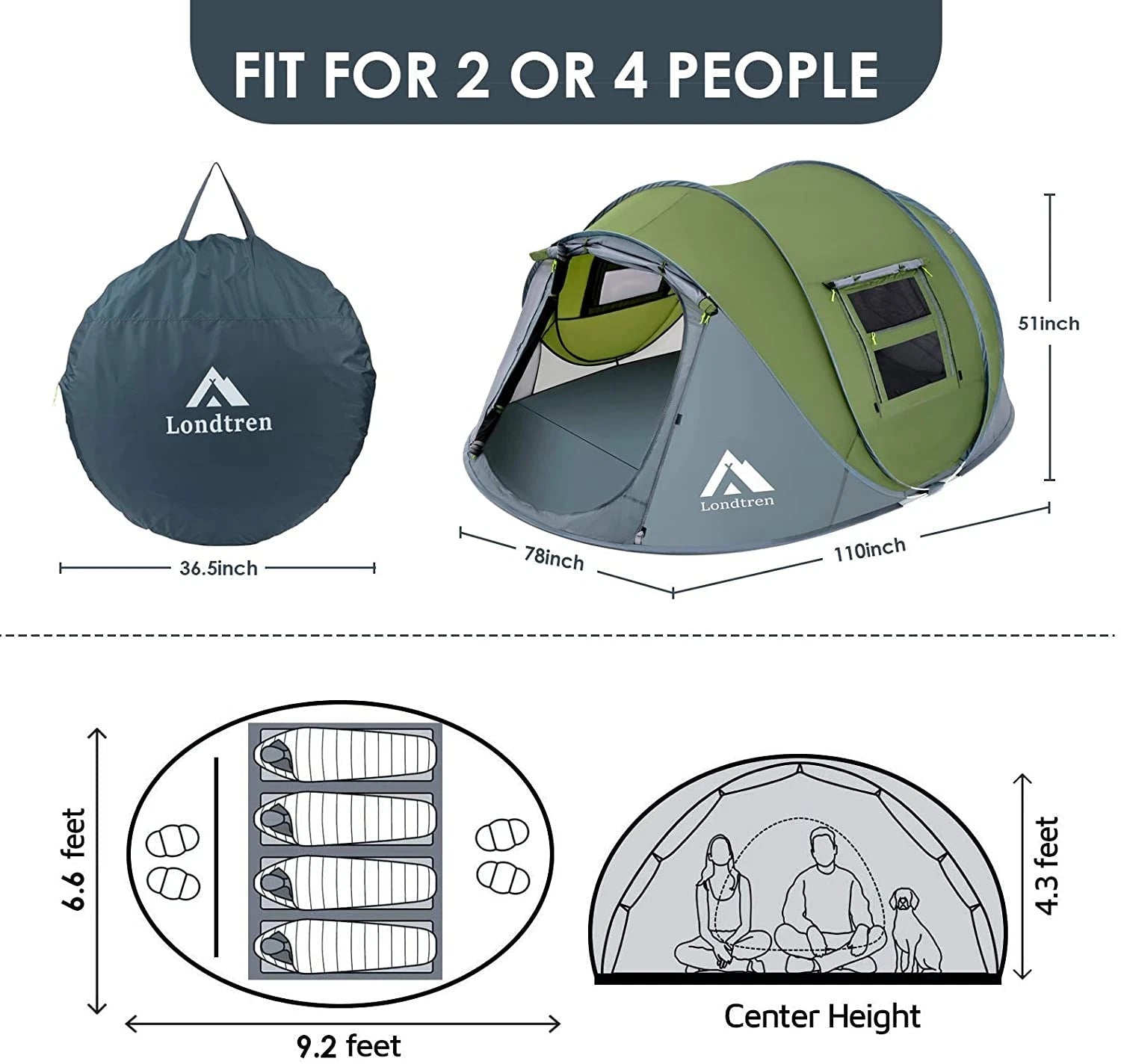 4 - Person Instant Pop - Up Camping Tent, Waterproof Polyester Dome Tent with Mesh Windows – PT4280 - with | Sold by Uncle Wiener's Wholesale