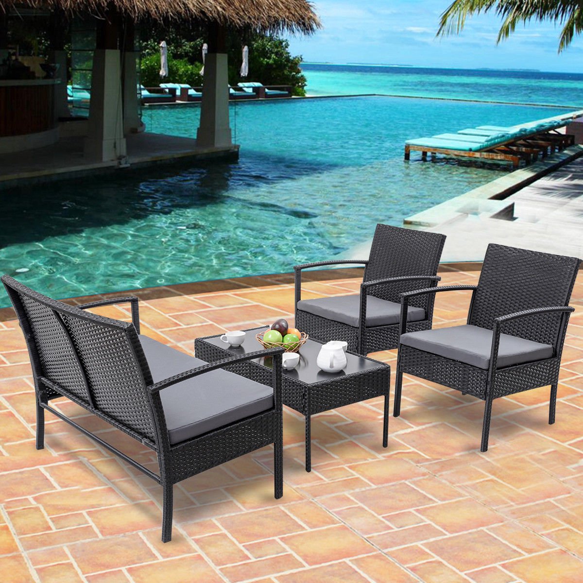 4 - Piece Outdoor Rattan Patio Furniture Set with Cushions & Glass Coffee Table 726201 - with | Sold by Uncle Wiener's Wholesale