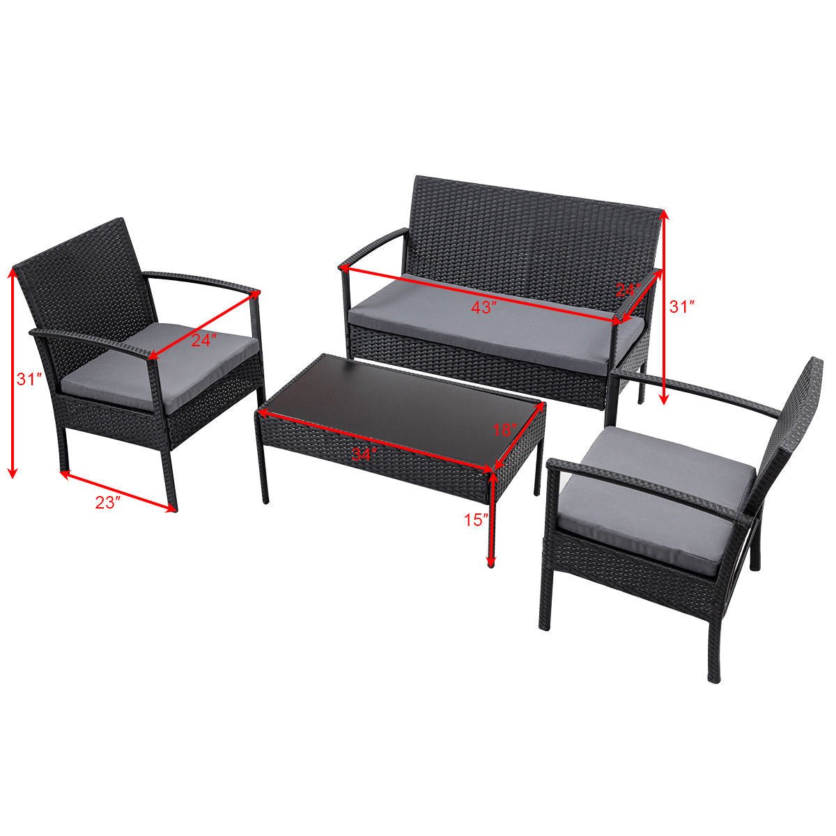 4 - Piece Outdoor Rattan Patio Furniture Set with Cushions & Glass Coffee Table 726201 - with | Sold by Uncle Wiener's Wholesale