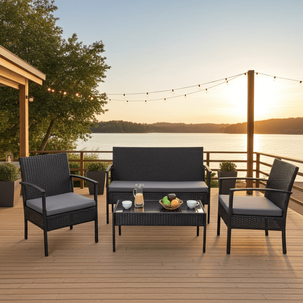 4 - Piece Outdoor Rattan Patio Furniture Set with Cushions & Glass Coffee Table (726201) - with | Sold by Uncle Wiener's Wholesale