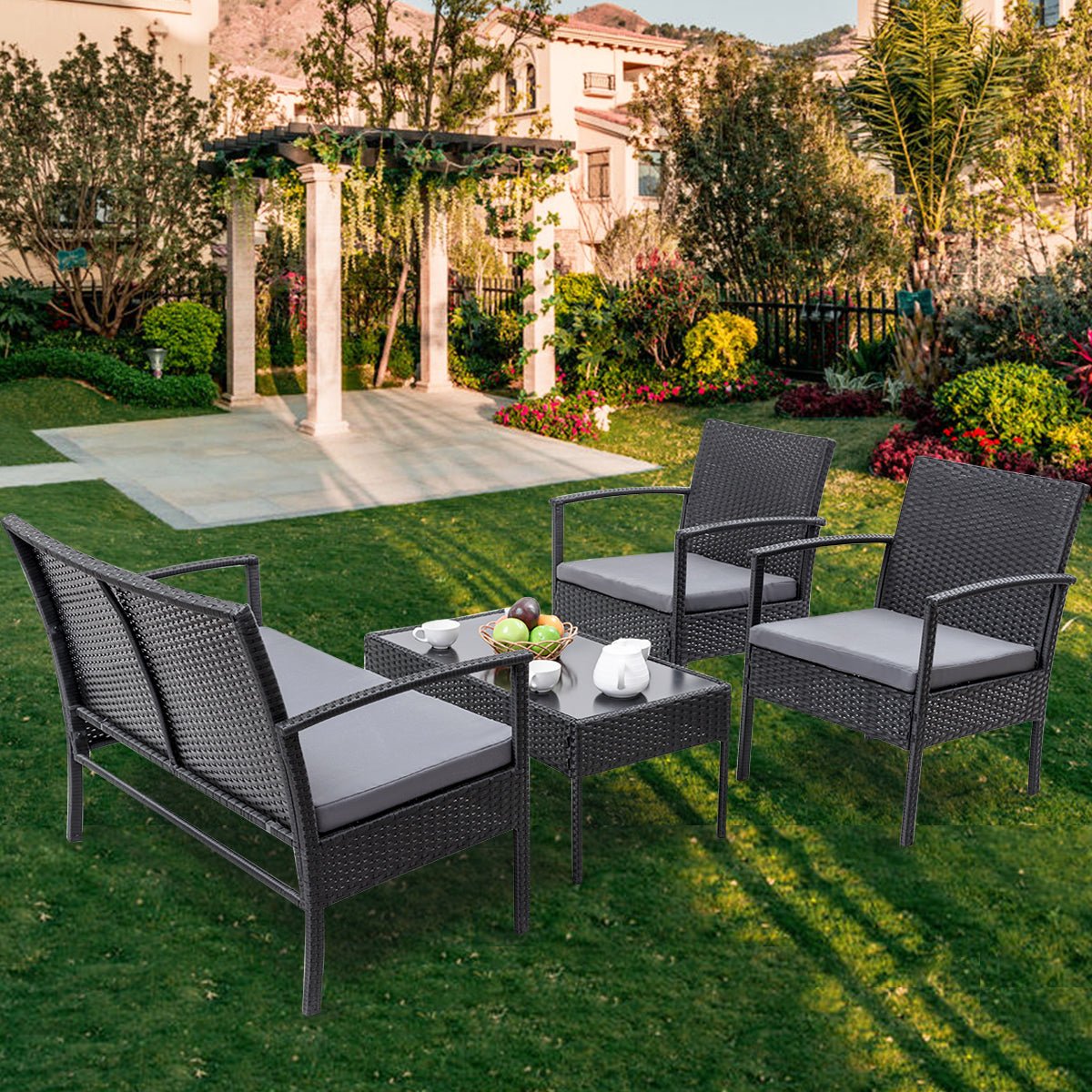 4 - Piece Outdoor Rattan Patio Furniture Set with Cushions & Glass Coffee Table 726201 - with | Sold by Uncle Wiener's Wholesale
