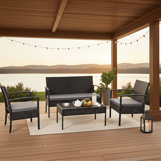 4 - Piece Outdoor Rattan Patio Furniture Set with Cushions & Glass Coffee Table (726201) - with | Sold by Uncle Wiener's Wholesale
