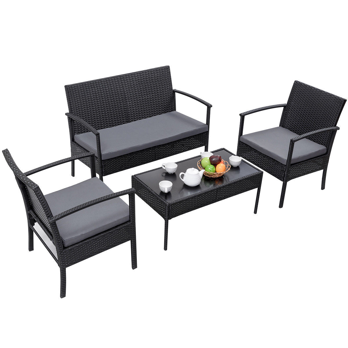 4 - Piece Outdoor Rattan Patio Furniture Set with Cushions & Glass Coffee Table 726201 - with | Sold by Uncle Wiener's Wholesale