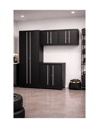  4-Piece Stainless Steel Garage Cabinet Set with Workbench, Wall Cabinets & Tall Storage Cabinet HTC3280PC - with | Sold by Uncle Wiener's Wholesale