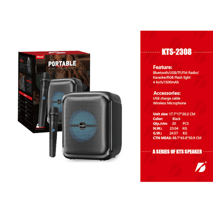 4" Portable Bluetooth Karaoke Speaker with FM Radio, USB, TF Card, RGB Light &amp; Wireless Microphone KTS2308 - with | Sold by Uncle Wiener's Wholesale