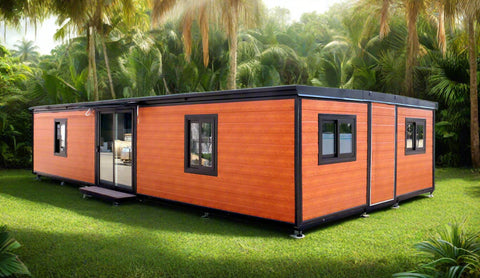 Exterior view of 40FT prefab folding home with orange steel siding