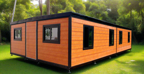 Side profile of modular prefab home in folded transport configuration