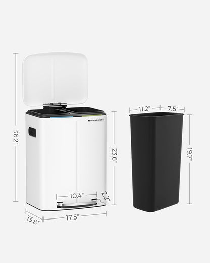 40L Dual Compartment Kitchen Trash Can with Soft Close Lid, Recycling Waste Bin with Pedals and Removable Inner Buckets LTB40 Series - with Cloud White | Sold by Uncle Wiener's Wholesale