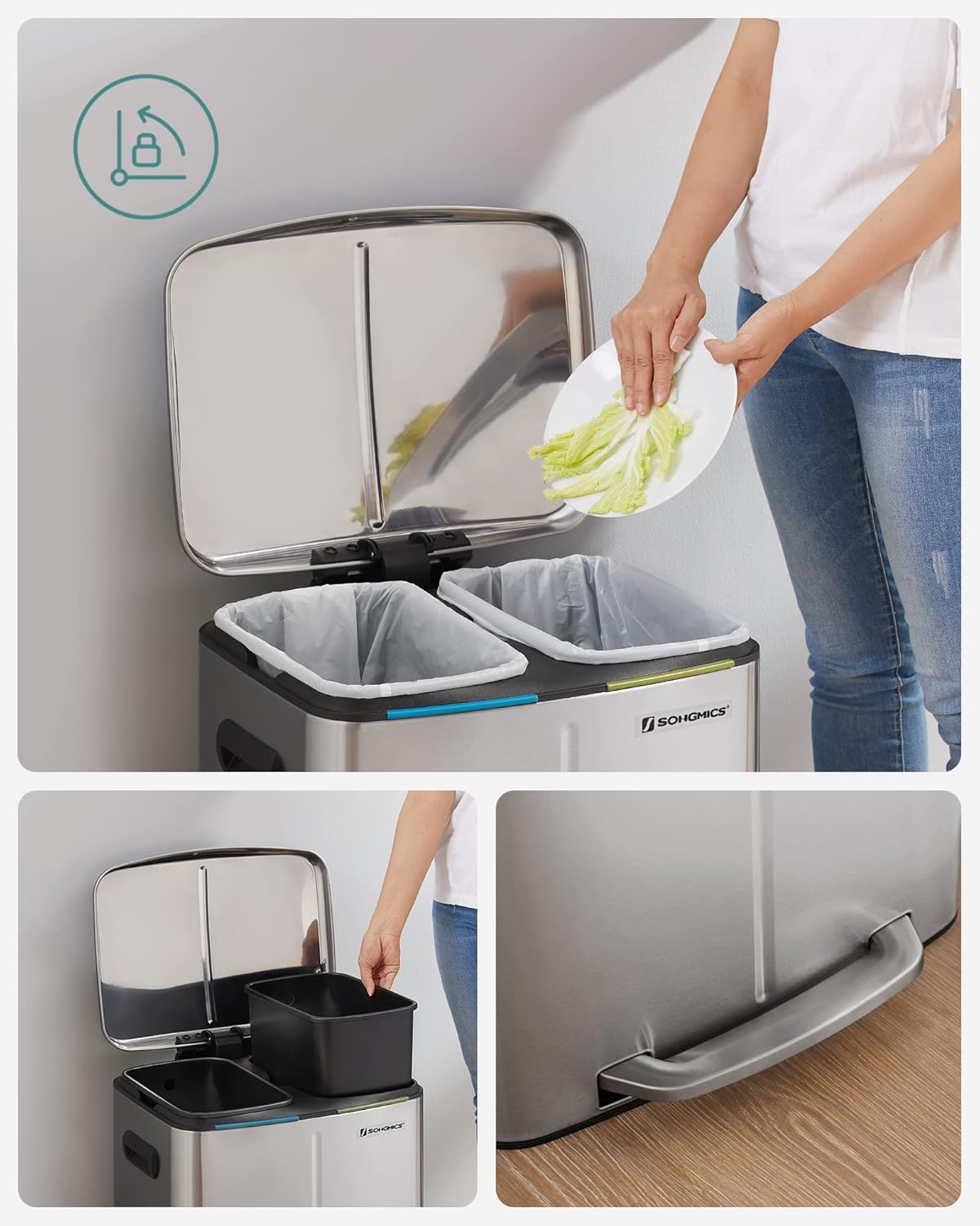 40L Dual Compartment Kitchen Trash Can with Soft Close Lid, Recycling Waste Bin with Pedals and Removable Inner Buckets LTB40 Series - with Silver and Ink Black | Sold by Uncle Wiener's Wholesale