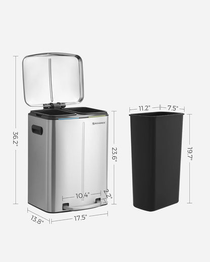40L Dual Compartment Kitchen Trash Can with Soft Close Lid, Recycling Waste Bin with Pedals and Removable Inner Buckets LTB40 Series - with Silver and Ink Black | Sold by Uncle Wiener's Wholesale