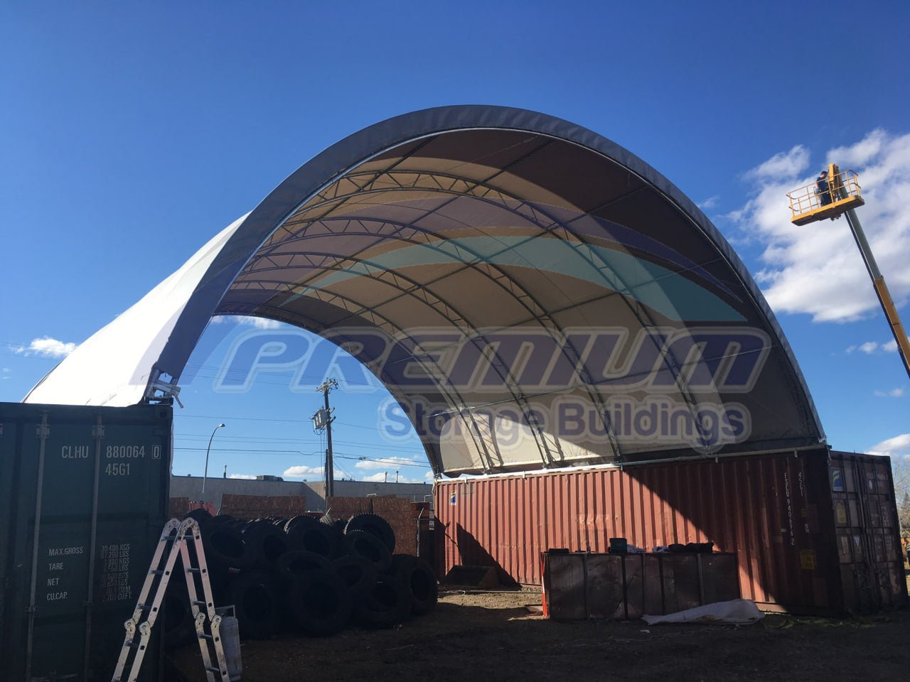 40x40x15 & 40x80x15 Container Shelter – Double Truss Fabric Storage Building with PVC Covers & Winch Door Options - Container Storage Building with 40x40x15 Container Shelter Open back Open Front 14.5 Oz C4040S | Sold by Uncle Wiener's Wholesale