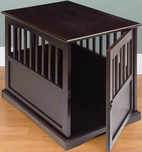 Wooden indoor dog crate styled as end table
Lockable pet crate with solid wood construction
Open slat wood crate for airflow and visibility
Furniture-style dog kennel for small pets
Dual-use pet crate with home decor top surface