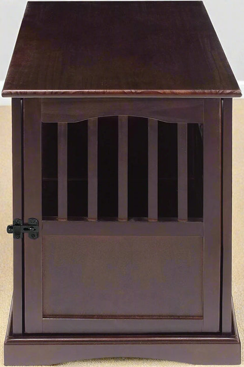 Wooden indoor dog crate styled as end table
Lockable pet crate with solid wood construction
Open slat wood crate for airflow and visibility
Furniture-style dog kennel for small pets
Dual-use pet crate with home decor top surface