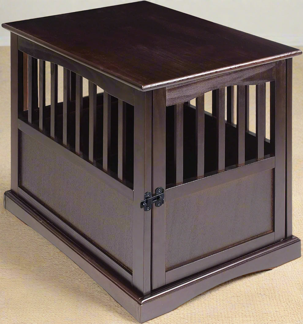 Wooden indoor dog crate styled as end table
Lockable pet crate with solid wood construction
Open slat wood crate for airflow and visibility
Furniture-style dog kennel for small pets
Dual-use pet crate with home decor top surface