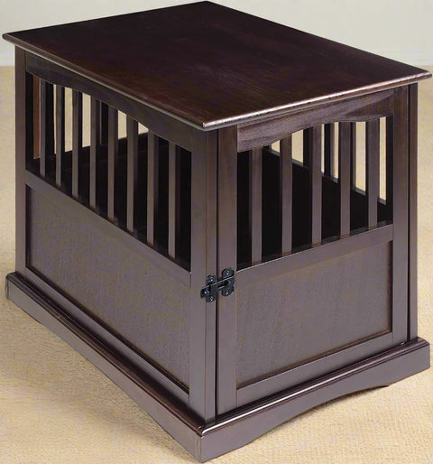 Wooden indoor dog crate styled as end table
Lockable pet crate with solid wood construction
Open slat wood crate for airflow and visibility
Furniture-style dog kennel for small pets
Dual-use pet crate with home decor top surface