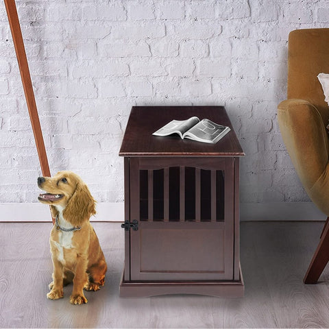 Wooden indoor dog crate styled as end table
Lockable pet crate with solid wood construction
Open slat wood crate for airflow and visibility
Furniture-style dog kennel for small pets
Dual-use pet crate with home decor top surface