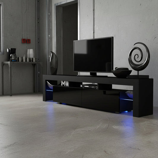 Modern RGB LED TV stand with lights under flat-screen TV
Black gloss entertainment unit with RGB lights in living room
White TV console with open shelving and LED lighting
Stylish high gloss media cabinet with mood lighting
Contemporary entertainment center for 75 inch TVs