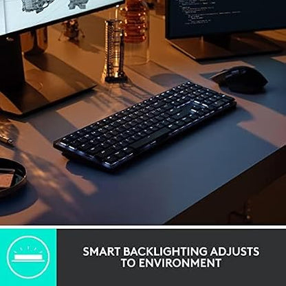 Logitech MX Mechanical Wireless Keyboard – Full-Size Low-Profile Tactile Mechanical Keys, Smart Backlight, Bluetooth & Logi Bolt, Graphite