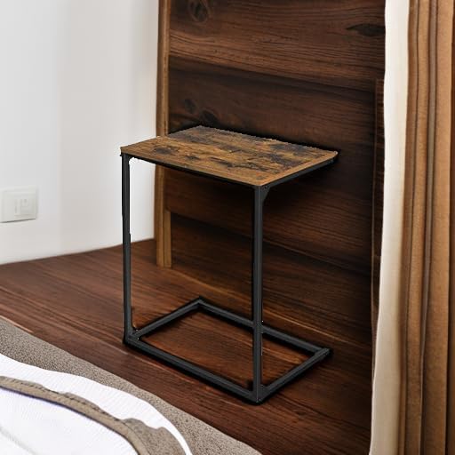 C Shaped End Table for Sofa and Couch, Industrial Side Table, Laptop Tray Table for Living Room, Bedroom and Small Spaces Rustic Brown and Black LNT52BX