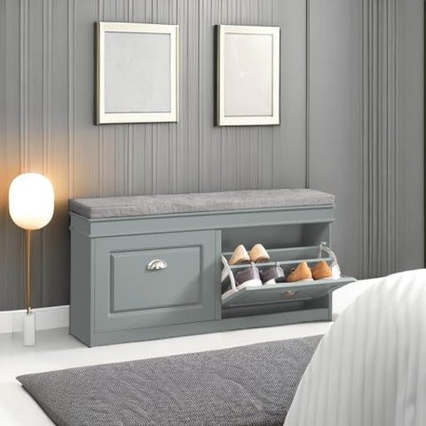 Grey Storage Shoe Bench with Flip Drawers & Cushion Seat – Modern Entryway Cabinet FSR64HG