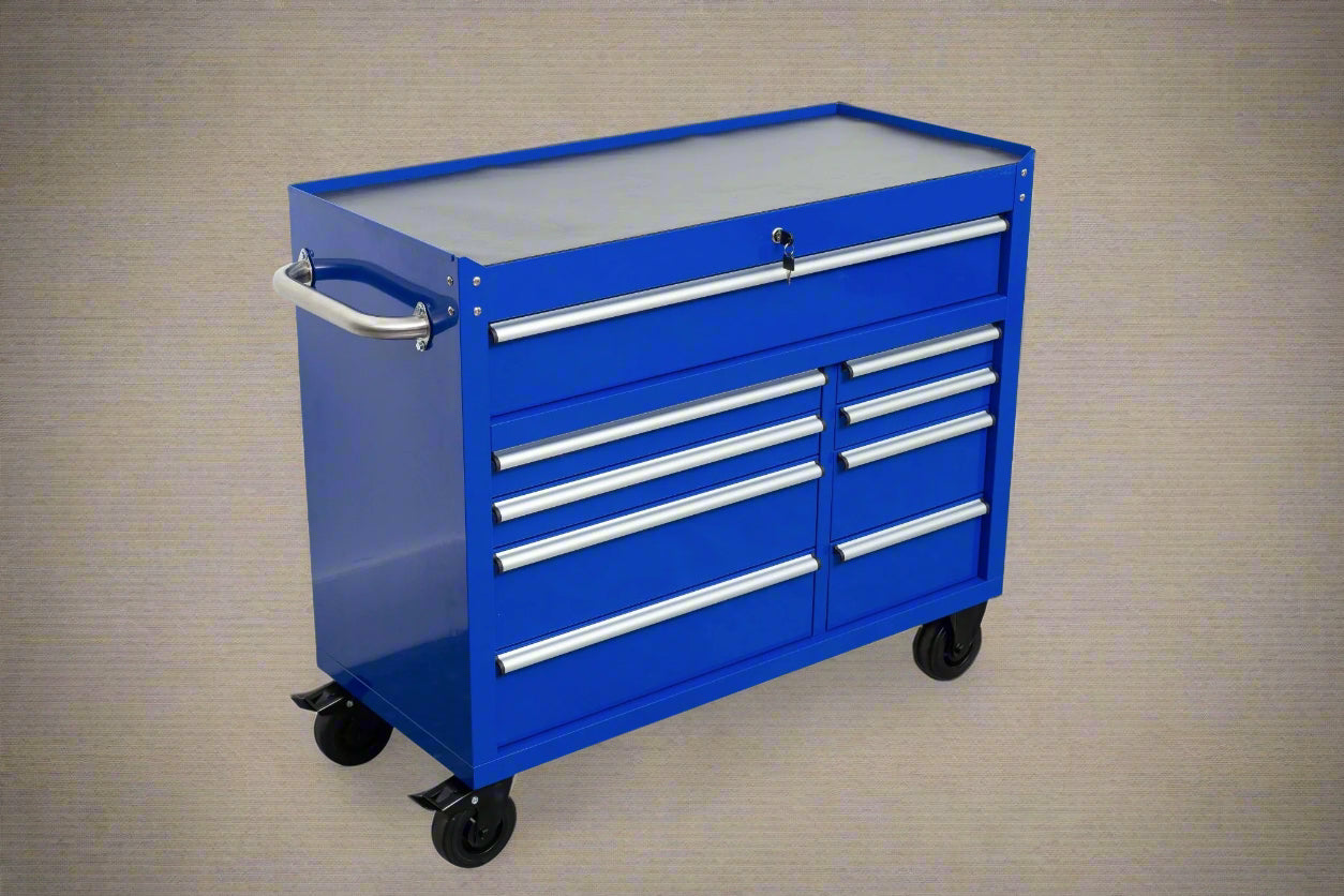 42" 9 - Drawer Rolling Tool Bench – Heavy - Duty Garage Cabinet with Matte Black Finish - with Dark Blue