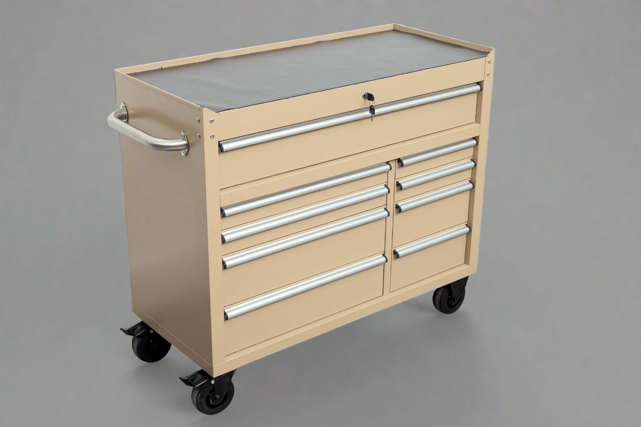 42" 9 - Drawer Rolling Tool Bench – Heavy - Duty Garage Cabinet with Matte Black Finish - with Desert Sand