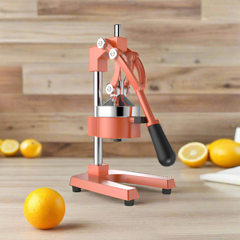 Manual citrus juicer press orange color
Side view of handheld orange and lemon juicer
Cast iron lemon press in use
Heavy-duty juicer squeezing citrus fruit
Handheld orange juicer with removable parts