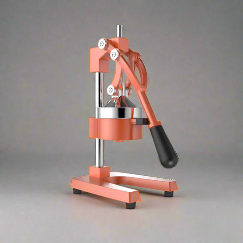 Manual citrus juicer press orange color
Side view of handheld orange and lemon juicer
Cast iron lemon press in use
Heavy-duty juicer squeezing citrus fruit
Handheld orange juicer with removable parts